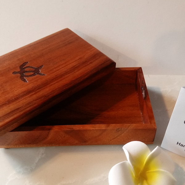 Hawaiian Koa Wood Treasure Box with GOOD LUCK Turtle (Honu) - 5x3x1.5 - Handmade in Hawaii