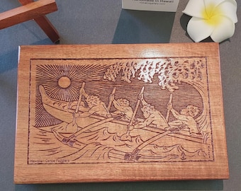 Engraved Hawaiian Koa Wood Canoe Paddler Plaque - Handcrafted Art