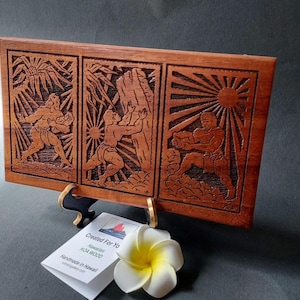 Hawaiian Engraved Art - King Kamehameha & the Naha stone  / 8&quot;x4.5&quot; / Solid Koa Wood -  Handmade in Volcano, Hawaii ( Ready To Ship )