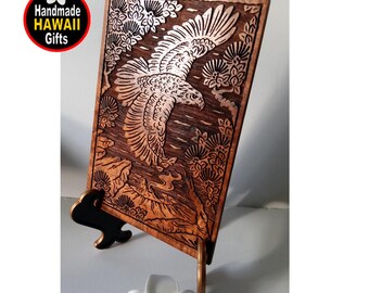 Hawaiian Hawk -Engraved Art - 5x7 Solid Koa Wood  - Handmade in Volcano, Hawaii