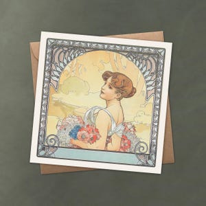 Verano de Alphonse Mucha: tarjeta de felicitación Art Nouveau, etiqueta de regalo o pequeña decoración de pared, edición 1900 de Four Seasons, un regalo perfecto para ella
