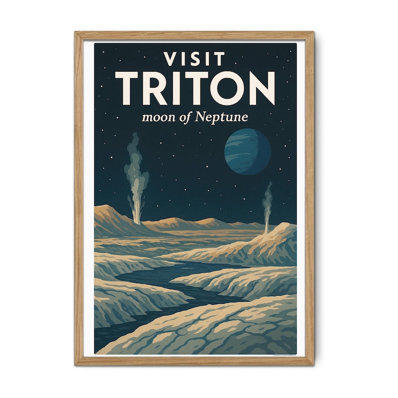 May include: A vintage travel poster design featuring a stylized illustration of the surface of Triton, a moon of Neptune. The poster features the text "VISIT TRITON moon of Neptune" in a retro font.