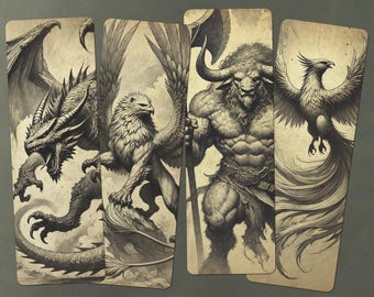 Fantasy Bookmark Set – Vintage Sketch Art, Dragon, Griffin, Minotaur, Phoenix