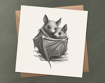 Adorable Bat Love Card – Gothic-Inspired Romantic Art for Anniversaries, Valentine’s Day, or Friendship - Two Cuddling Bats Greeting Card
