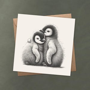 Câliner les bébés pingouins - Carte de voeux pingouin - Adorable croquis noir et blanc pour l'amour ou l'amitié, étiquette cadeau ou tout simplement encadrer comme oeuvre d'art