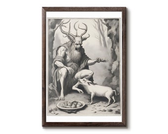 A mythical horned forest creature debating with a juvenile wild boar - Legendary fable creature - horned beast - Wendigo and Cernunnos morph