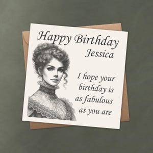 Carte vintage personnalisée de joyeux anniversaire pour une dame | Nom personnalisé | Design victorien élégant | Souhaits d'anniversaire fabuleux | Carte de style ancien