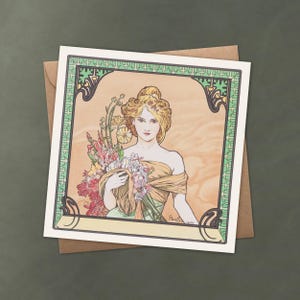 Spring by Alphonse Mucha – 1900 Four Seasons Art Nouveau, Greeting Card, Gift Tag, or Small Wall Art Décor, Vintage Floral Illustration