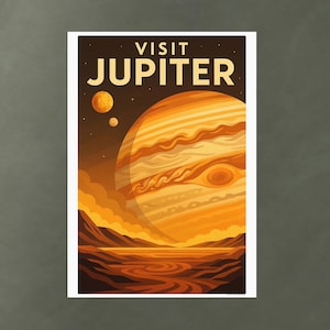 Visit Jupiter Poster – Vintage - Space Travel Print Featuring Great Red Spot – Retro Sci Fi Planet Wall Art - Art Deco Print - Planetary Art