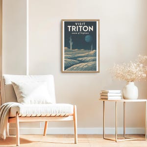 May include: A vintage travel poster with a blue and white color scheme featuring a landscape of Triton, the moon of Neptune. The poster reads "Visit Triton, moon of Neptune".