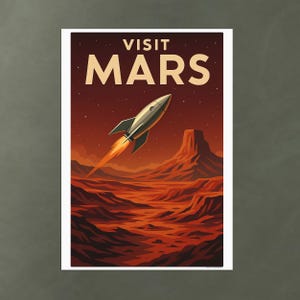 Visit Mars poster – retro raketlancering print van rode planeet – vintage sciencefiction muurkunst voor liefhebbers van ruimtereizen, art deco print, planetaire kunst