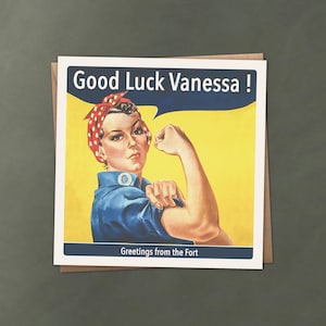 Personalized Retirement or Good Luck Card | Rosie the Riveter Design | Vintage Retro Card | Custom Top & Bottom Text | Motivational Keepsake
