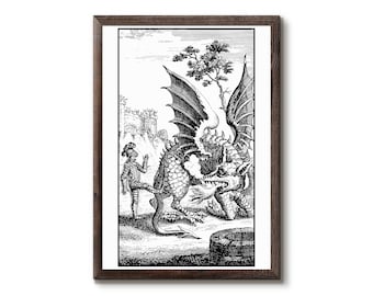 The Dragon of Wantley - replica of frontispiece illustration from ca. 1770 - Dragon drawing - knight in armor - Opera illustration