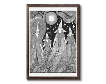 Zentangle style illustration of four witches standing together under a full moon - Moonsister Witchcraft - Wicca - Magic - Occult unique art