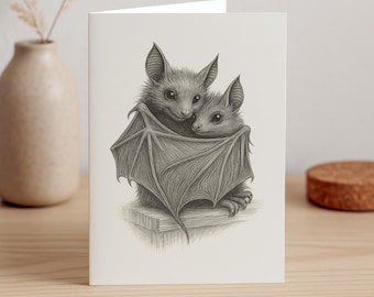 Gothic Cuddling Bats Greeting Card, Romantic Anniversary Valentine