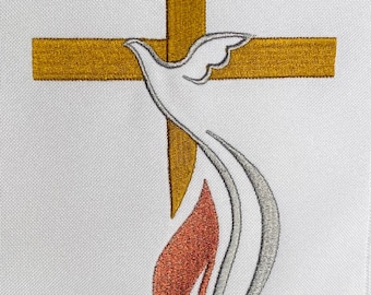 May include: A white dove with a red and gold flame descending from it, embroidered on a white fabric background. The dove is flying above a gold cross.