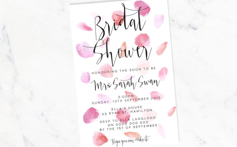 Printable Petal Ink Design Watercolour Bridal Shower Invitation