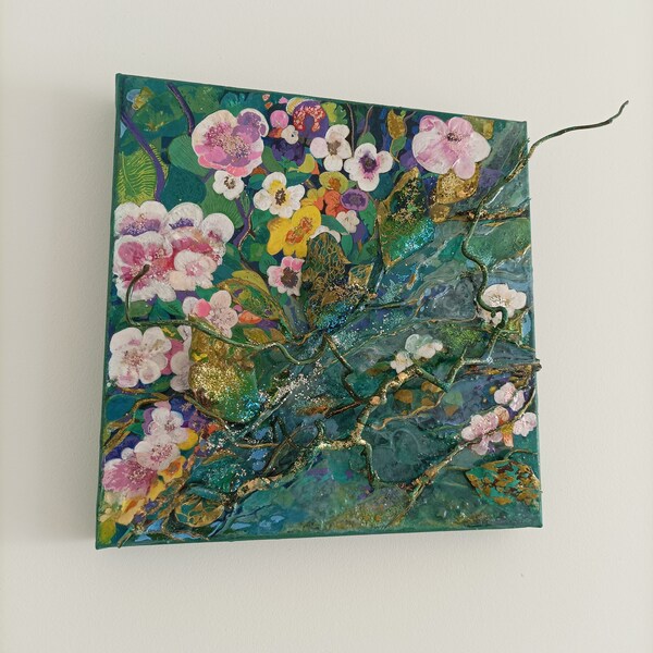 Printemps (tableau coloré, paillette, or, nature : bois et feuille, 3D)