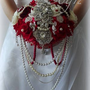 Red Brooch Bouquet,FULL PRICE for big size, Bridal Bouquet, with VIDEO, Wedding Bouquet, Jeweled Bouquet, Silk Flower , Red wedding , broach