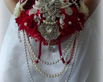 Bouquet di spilla rossa, PREZZO PIENO per grandi dimensioni, bouquet da sposa, con VIDEO, bouquet da sposa, bouquet gioiello, fiore di seta, matrimonio rosso, spilla