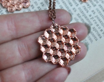 copper bee jewelry Electroformed honeycomb necklace copper hexagon beelover queen bee beehive necklace electroform honey comb pendant