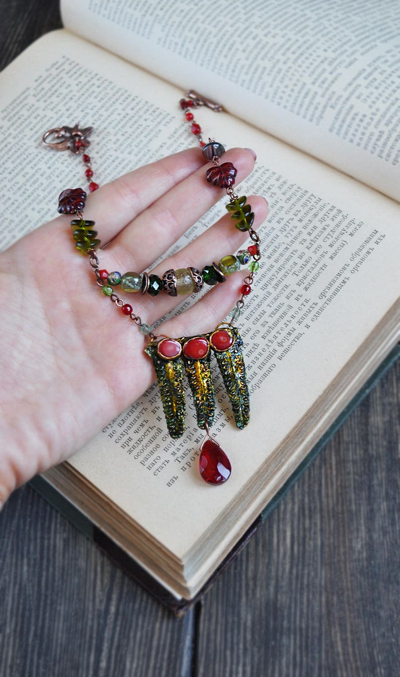 multi row necklace copper electroforming leaf red corals choker fairy jewelry Electroformed real fern leaves necklace witchy necklace