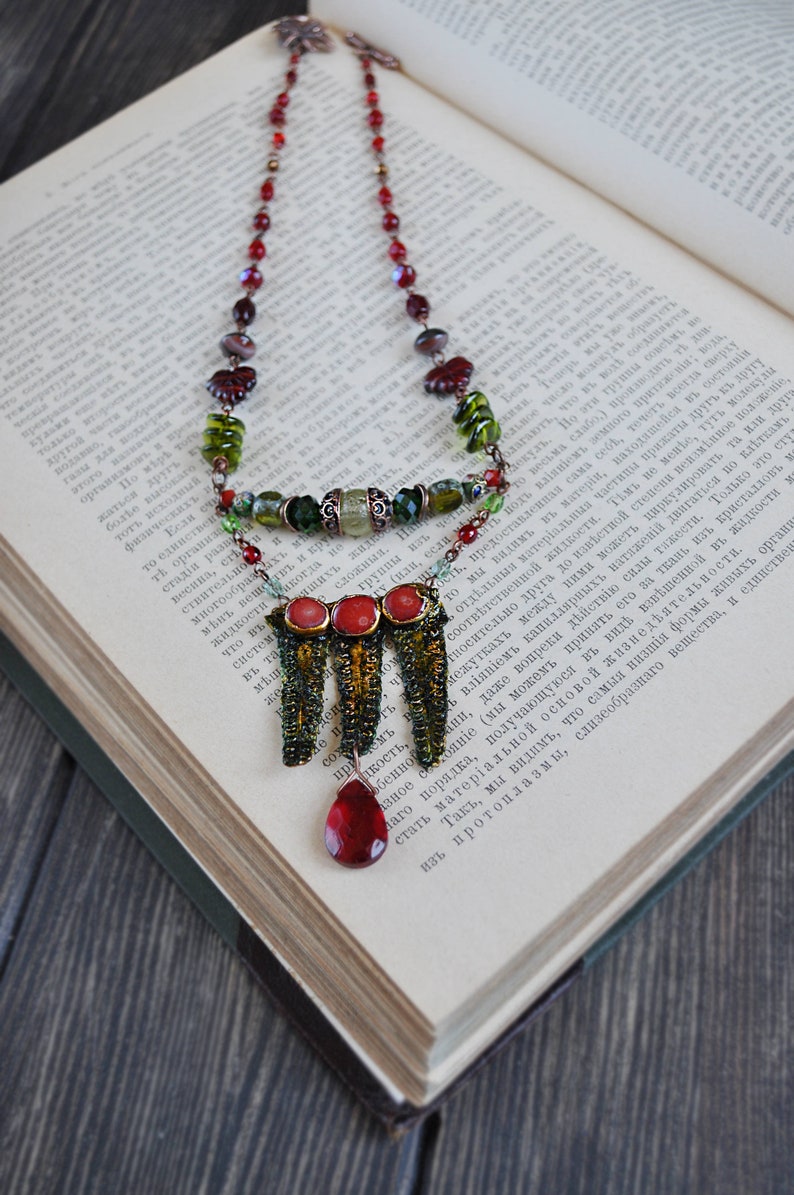 multi row necklace copper electroforming leaf red corals choker fairy jewelry Electroformed real fern leaves necklace witchy necklace
