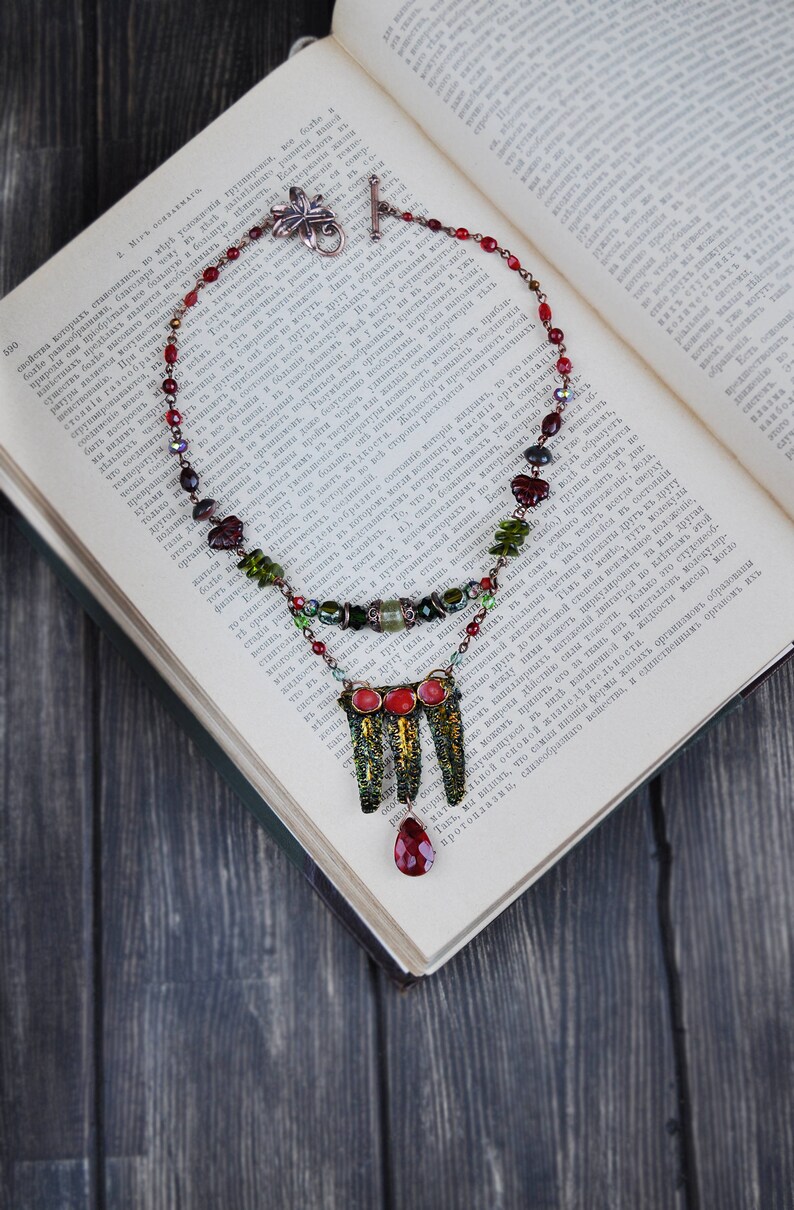 multi row necklace copper electroforming leaf red corals choker fairy jewelry Electroformed real fern leaves necklace witchy necklace
