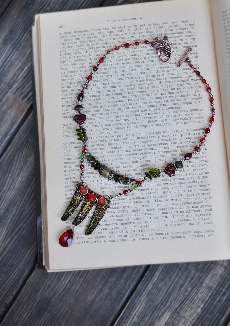 multi row necklace copper electroforming leaf red corals choker fairy jewelry Electroformed real fern leaves necklace witchy necklace