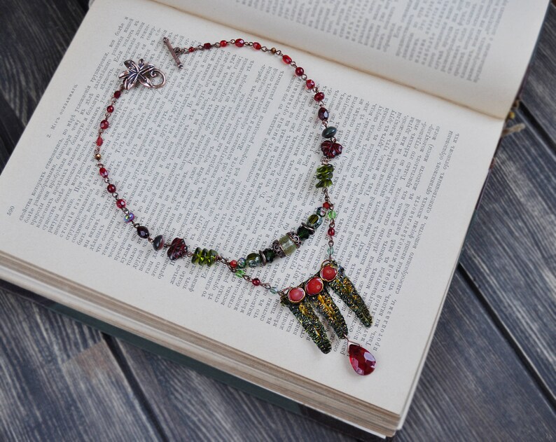 multi row necklace copper electroforming leaf red corals choker fairy jewelry Electroformed real fern leaves necklace witchy necklace