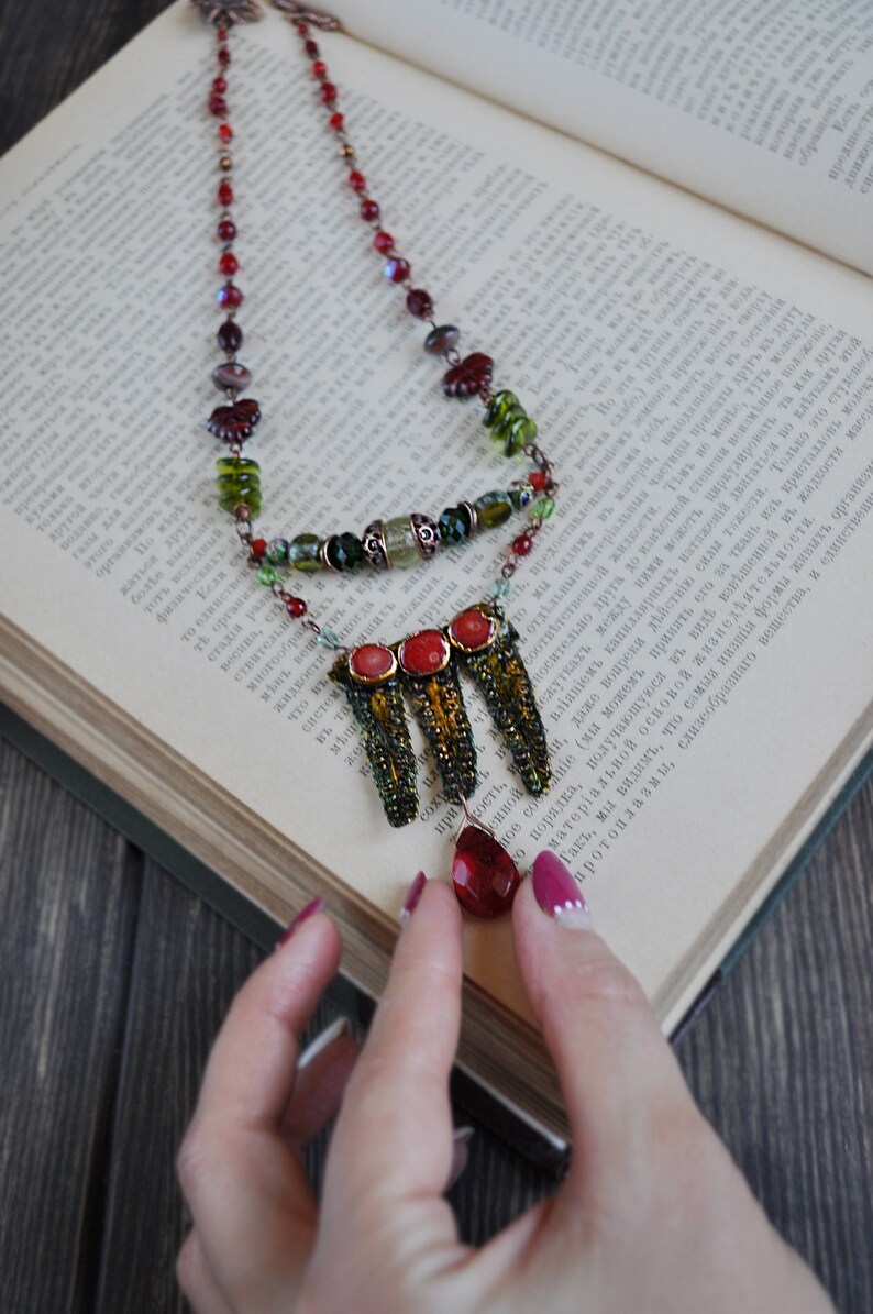 multi row necklace copper electroforming leaf red corals choker fairy jewelry Electroformed real fern leaves necklace witchy necklace