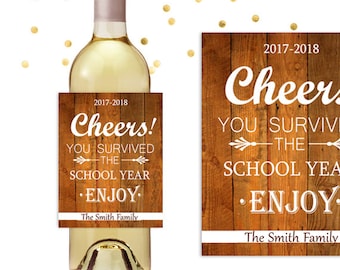 Teacher Wine Labels, Cheers You Survived The School Year, Custom Wine Label Gift, Wine Bottle Label, Personalized Wine Label