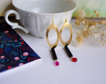 Boucles d'oreilles longues graphiques perles en verre vintage années 70