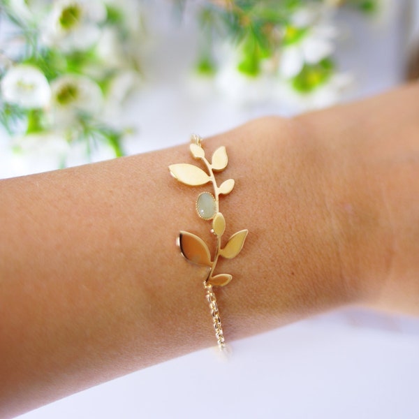 Bracelet leaves botany botanical, golden brass jewelry boho chic aventurine Brad