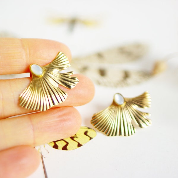 stud earrings ginkgo leaves golden brass boho anacre stones