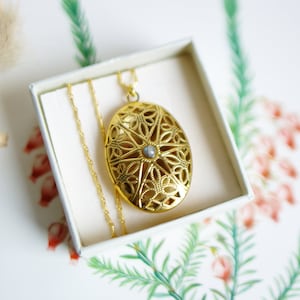 Oval locket pendant labradorite stone medallion boho style retro vintage gold