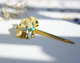 hair clip leaves accessory hair gold wedding semi precious stones turquoise leaves