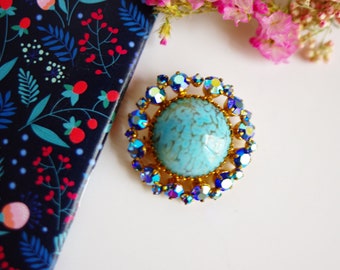 broche vintage doré cabochon en verre strass swarovski