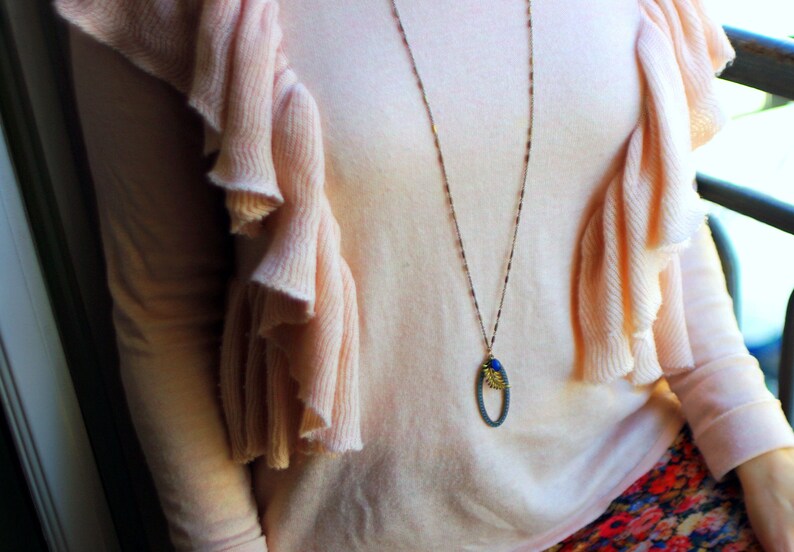 vintage semi precious stone blue agate Necklace pendant art deco oval enamel jewelry