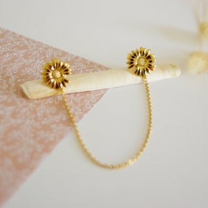 2 art deco sunflower pins shirt collar brooch connected by a gold-plated brass chain pearls stones collar jewelry