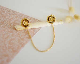 2 art deco sunflower pins shirt collar brooch connected by a gold-plated brass chain pearls stones collar jewelry
