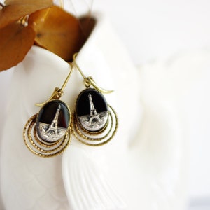 Eiffel Tower earrings art deco style bronze pearl upcycling jewelry