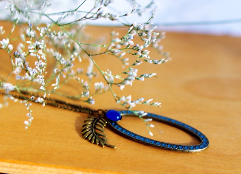 vintage semi precious stone blue agate Necklace pendant art deco oval enamel jewelry