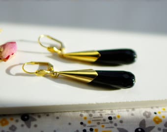 boucles d'oreilles or gouttes pierres semi précieuses agate noire