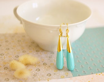 gold drop earrings turquoise or green tinted coral stones