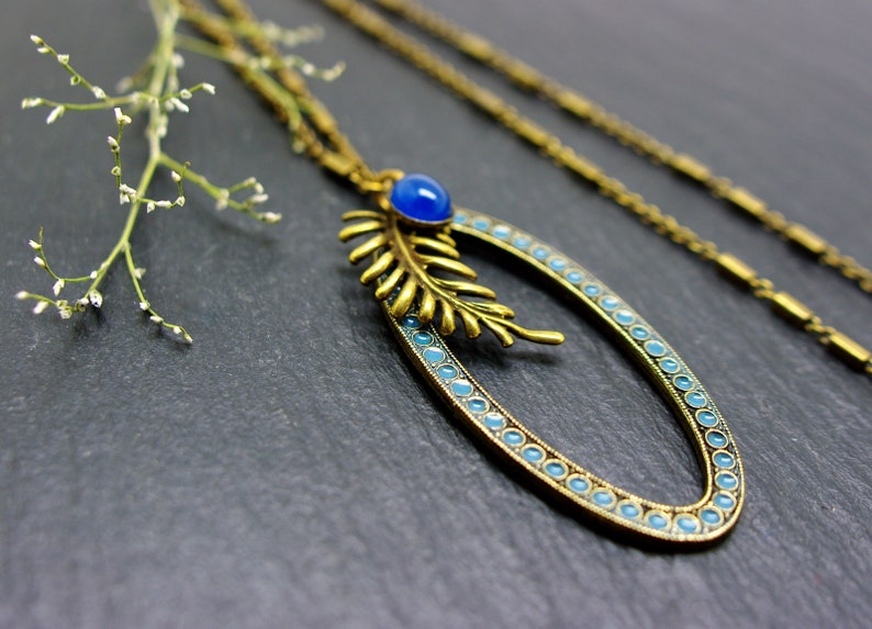 vintage semi precious stone blue agate Necklace pendant art deco oval enamel jewelry