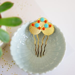 boho stijl haaraccessoire kam oranje en turquoise emaille Gaby