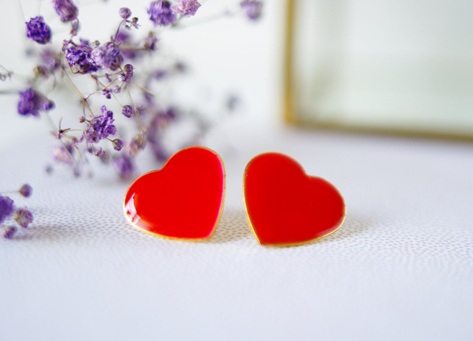 80s style red hearts earrings gold valentines day stud earrings