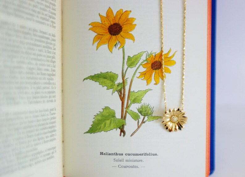 May include: A gold necklace with a sunflower pendant charm. The necklace is laying on an open book with a botanical illustration of sunflowers.