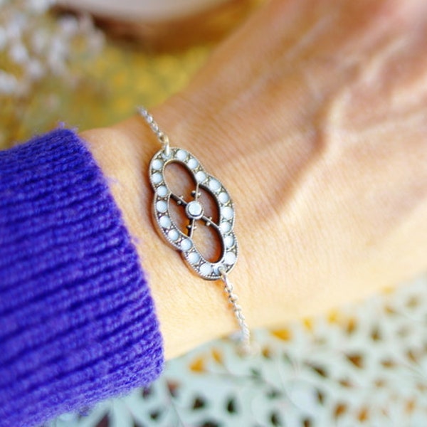 Silver bracelet boho white cold enamelling retro chic romantic style Lamia